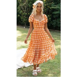 Peppermayo Orange Gingham Print Backless Puff Sleeve Dress 4 Small